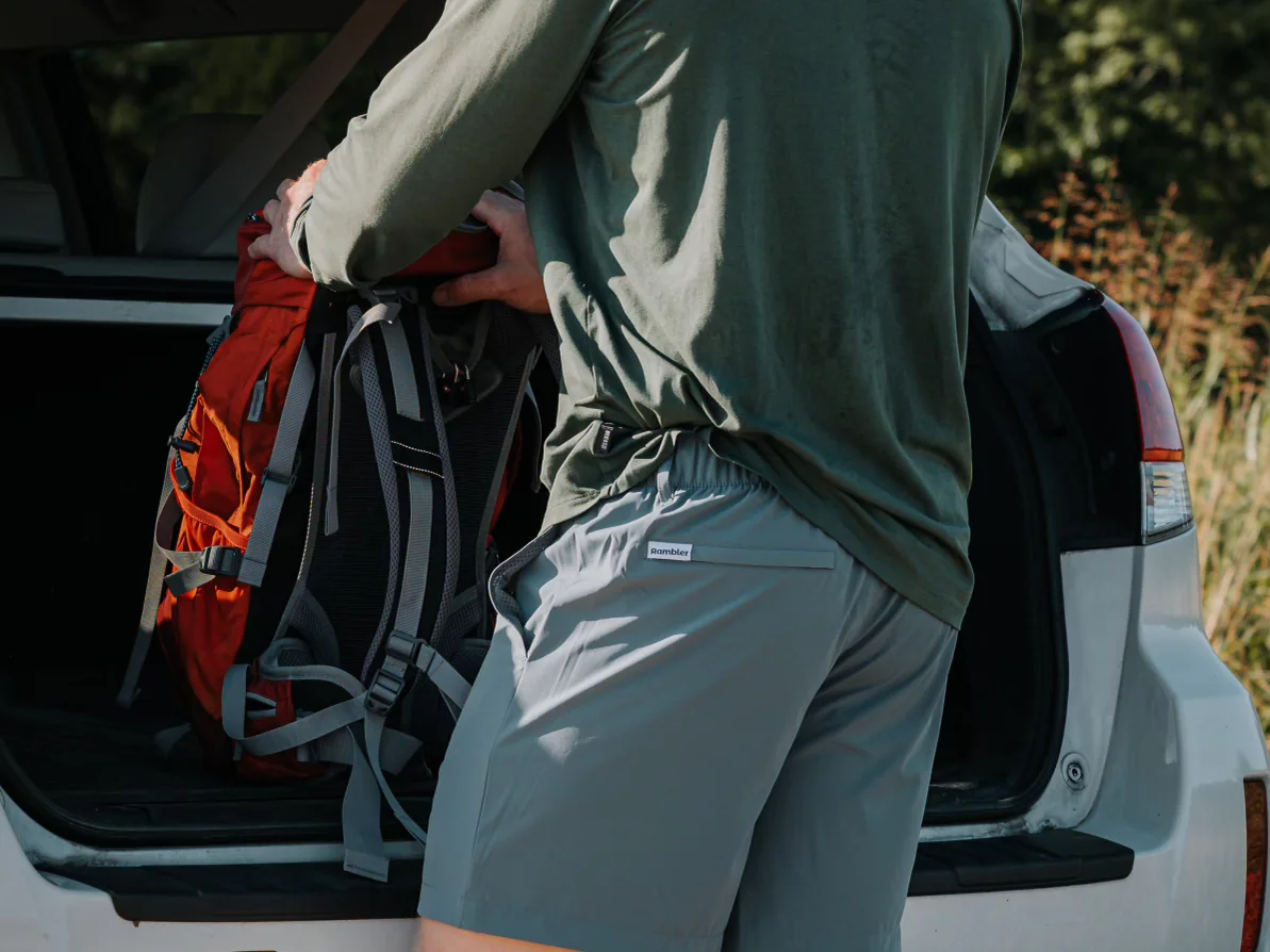 Rambler Rovers in Dusty Blue worn while loading a backpack into an open hatchback